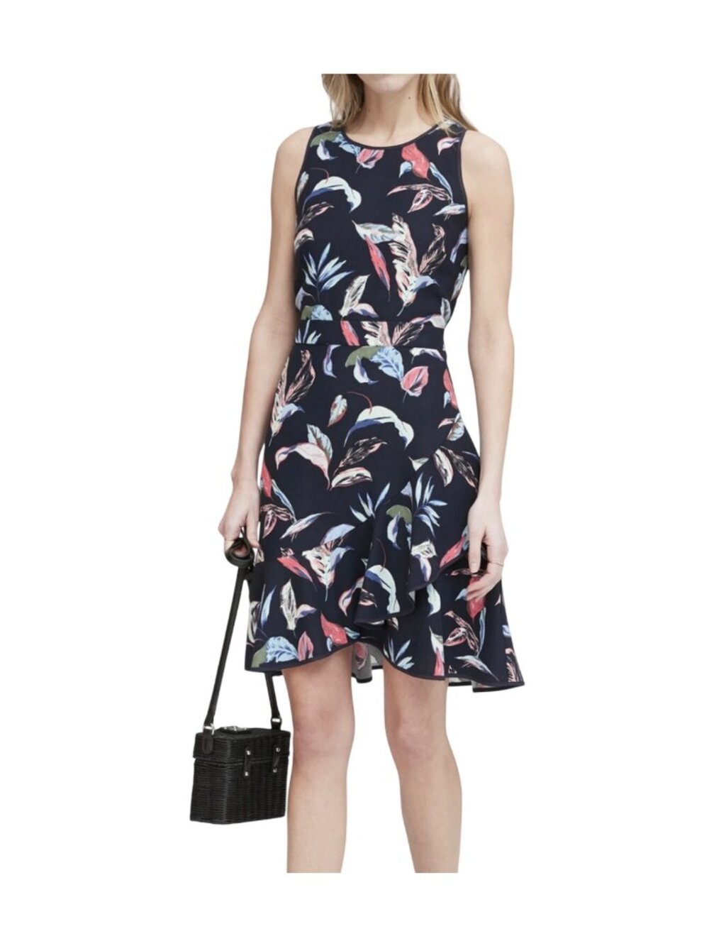 Banana Republic Womens Navy Floral Sleeveless Ruffle Hem Dress Size 14 Lined